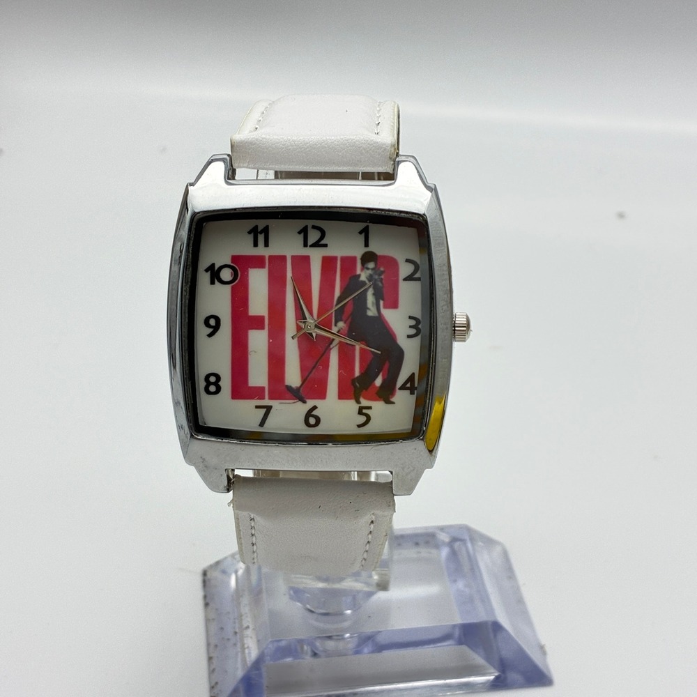 Elvis Presley Rock and Roll Memorabilia Watch White Strap Square Silver Case